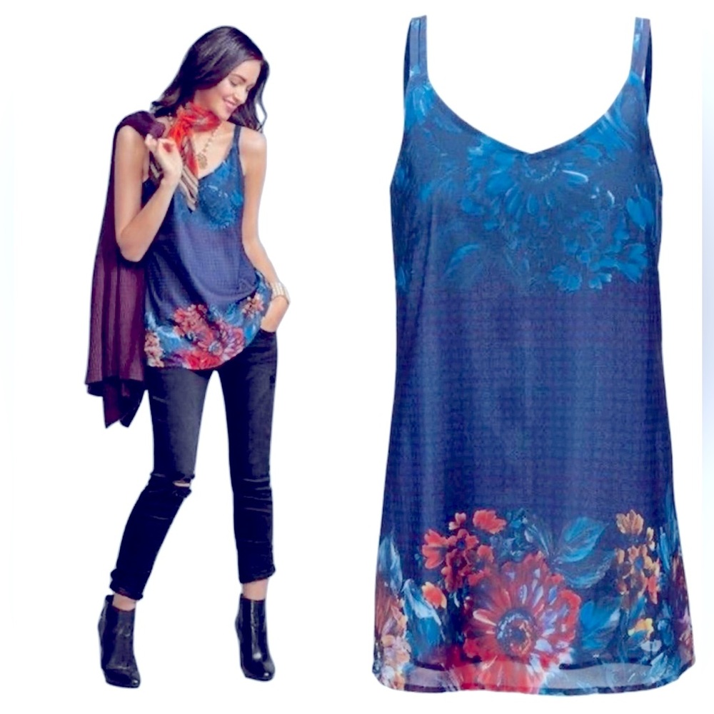 CAbi 3434 Artist Cami Blouse Double Straps Floral Purple Blue Red Orange Lined